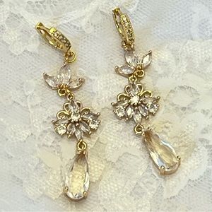 Gold and White Rhinestone Handmade Bridal Formal Dangle Earrings